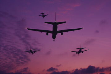 Obraz premium Military Precision: The Jet Over Purple Dusk at a Parade
