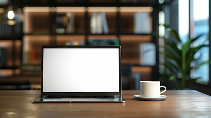 Laptop with blank screen and coffee cup on a wooden table in a stylish, modern workspac