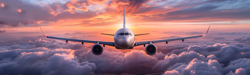 A commercial airplane soars above the clouds during sunset, highlighting the beauty and freedom of air travel.