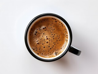 A top-down view of a perfectly brewed cup of coffee in a sleek black mug. The rich, dark coffee is adorned with a layer of frothy bubbles, creating an inviting and aromatic appeal. The background is a