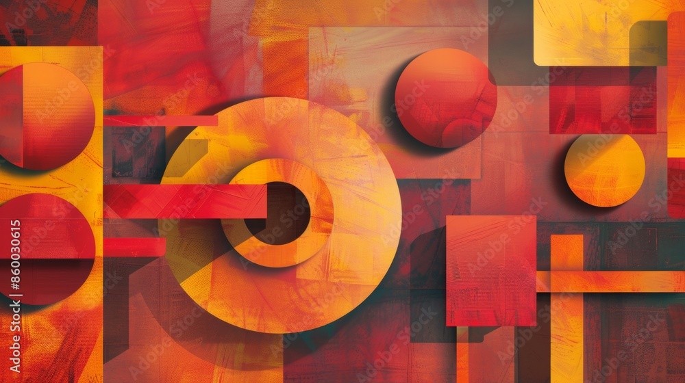 Aufkleber an abstract composition of geometric shapes, featuring 3d blocks and circles intersecting with squar