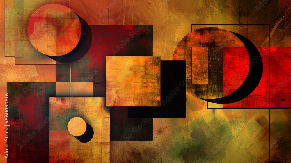 Aufkleber an abstract composition of geometric shapes, featuring 3d blocks and circles intersecting with squar