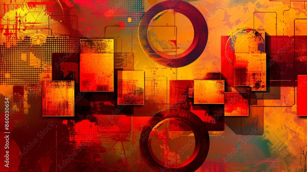 Poster an abstract composition of geometric shapes, featuring 3d blocks and circles intersecting with squar