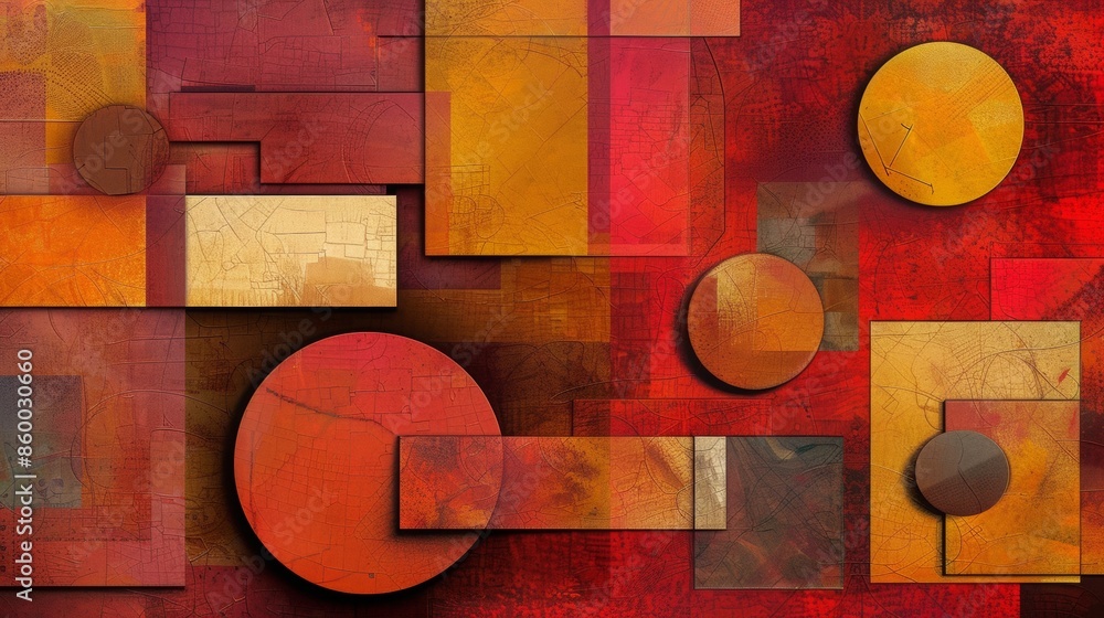 Aufkleber an abstract composition of geometric shapes, featuring 3d blocks and circles intersecting with squar