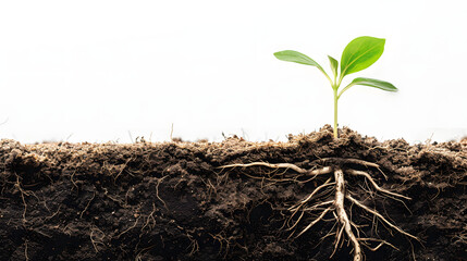 A sequence of seedlings growing in the soil, isolated on a white background, with a banner space for copy.