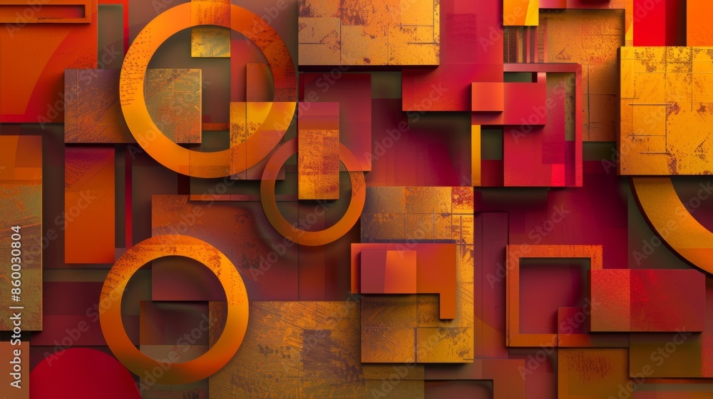 Poster an abstract composition of geometric shapes, featuring 3d blocks and circles intersecting with squar