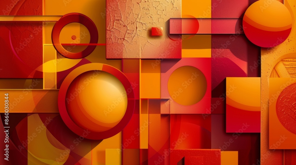 Aufkleber an abstract composition of geometric shapes, featuring 3d blocks and circles intersecting with squar