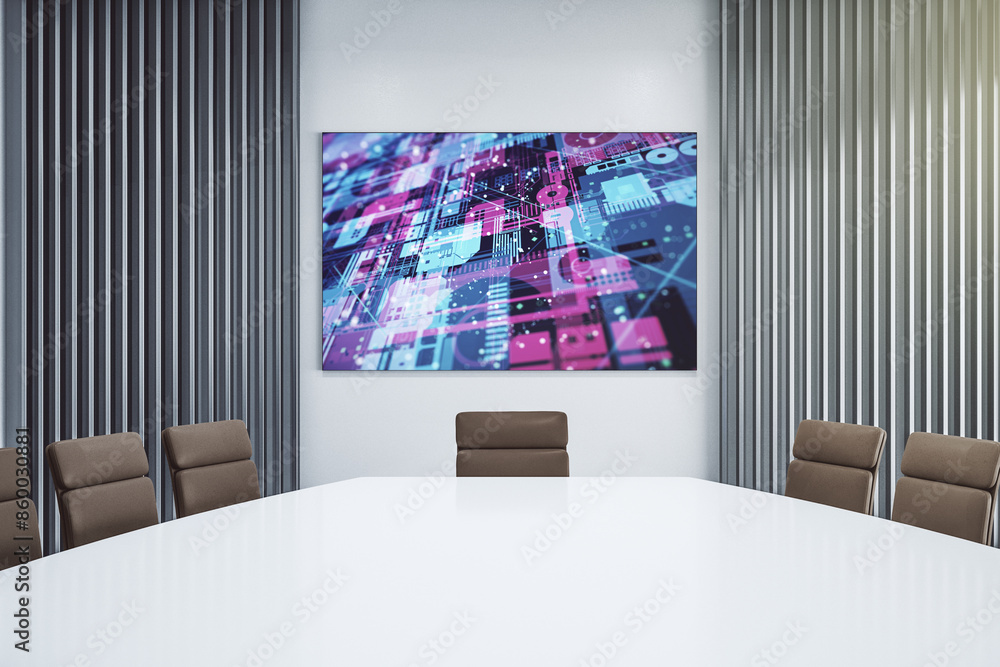 Aufkleber Abstract creative coding illustration on tv display in a modern presentation room, software development concept. 3D Rendering