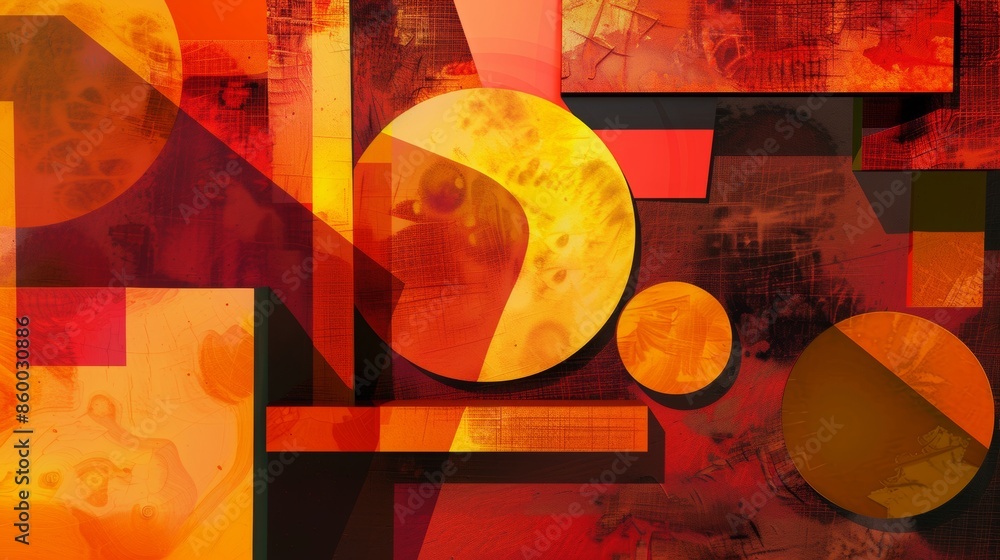 Aufkleber an abstract composition of geometric shapes, featuring 3d blocks and circles intersecting with squar