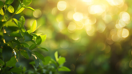 Fototapeta premium Nature background with green leaves and sunlight bokeh, copy space for text, banner design, spring or summer season, sunlight and sun rays, blurred background.