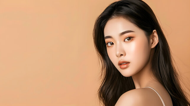 Young Asian beauty woman model long hair with korean makeup style on face and perfect skin on isolated beige background Facial treatment Cosmetology Spa Aesthetic plastic surgery : Generative AI