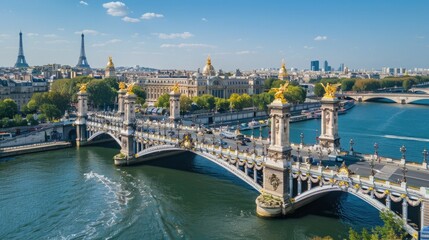 Obraz premium Aerial view of the Pont Alexandre III bridge over the Seine River in Paris with the Eiffel Tower in the background on a clear day.