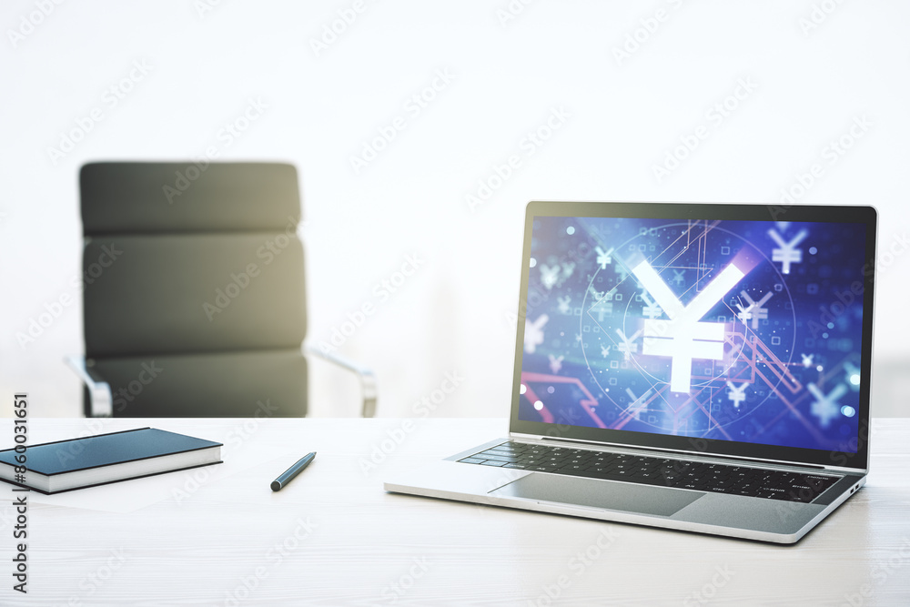 Poster modern computer monitor with creative japanese yen symbol hologram. banking and investing concept. 3