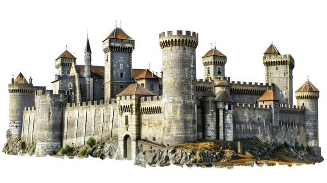 Medieval stone castle with towers and battlements isolated on white background, representing history and architectural splendor.
