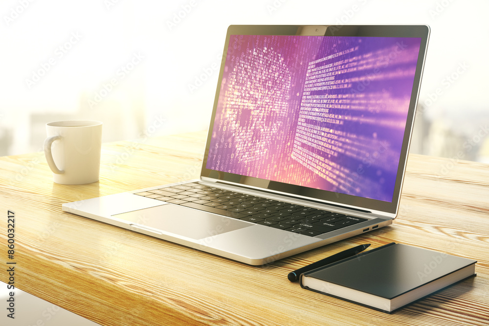 Fototapete creative concept of code skull illustration on modern laptop screen. hacking and phishing concept. 3