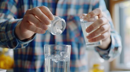 A person dropping effervescent tablets into a glass of water, creating fizzing bubbles, with a blurred background in a cozy kitchen setting.