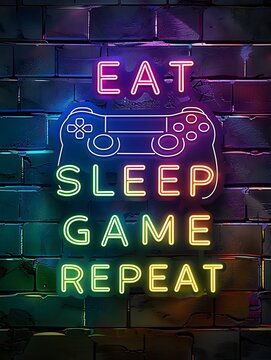 Neon sign features Gamer game controller, with text eat sleep game repeat , pastel  neon color theme, background, wallpaper, wall art, photo, poster