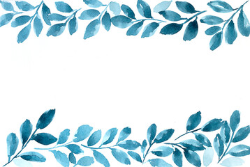Watercolor hand drawn leaves. Horizontal arranging of foliage