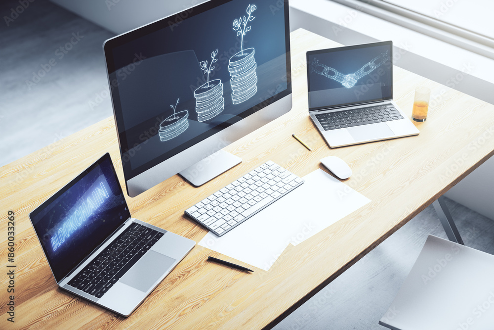 Poster creative abstract money savings sketch on modern laptop monitor, accumulation and growth of money co