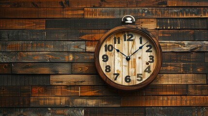 Clock displaying 9 am or pm on wooden backdrop with space for text