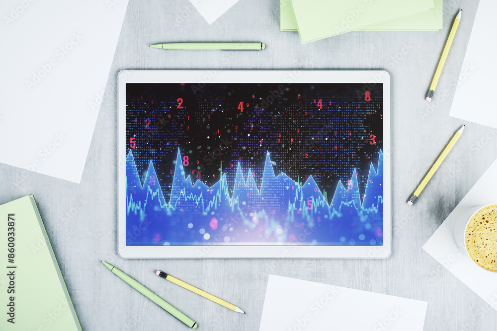 Poster Top view of modern digital tablet display with abstract creative analytics data spreadsheet, analytics and analysis concept. 3D Rendering