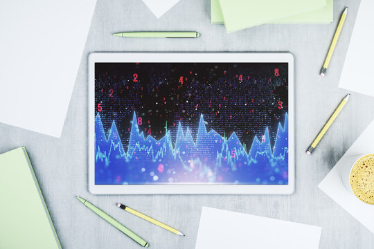 Top view of modern digital tablet display with abstract creative analytics data spreadsheet, analytics and analysis concept. 3D Rendering