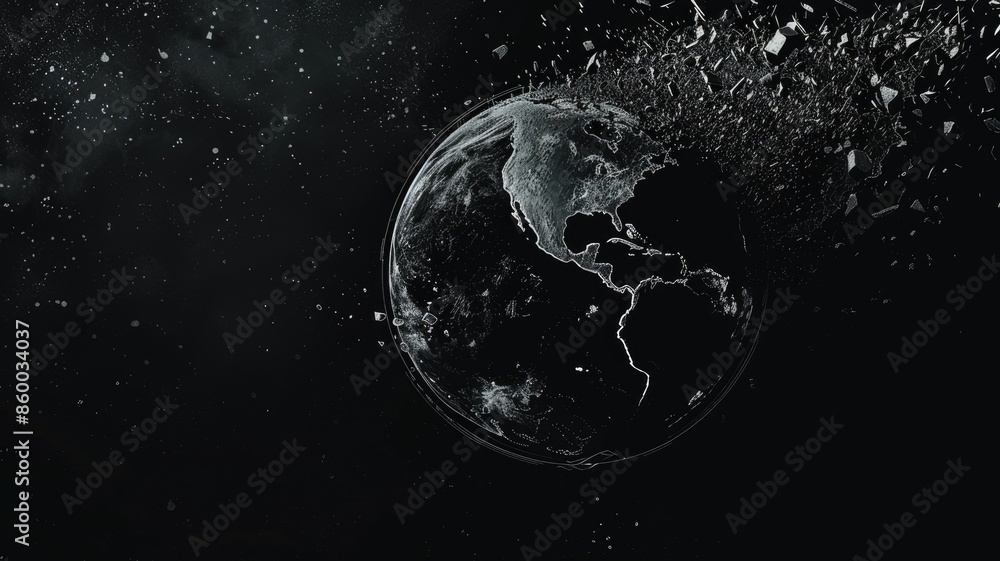Poster digital globe with connected lines and dots on black background. digital artwork of planet reflect w