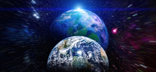 Earth and galaxies in space. Design fantasy. Blue Sunrise.Elements of this image furnished by NASA.