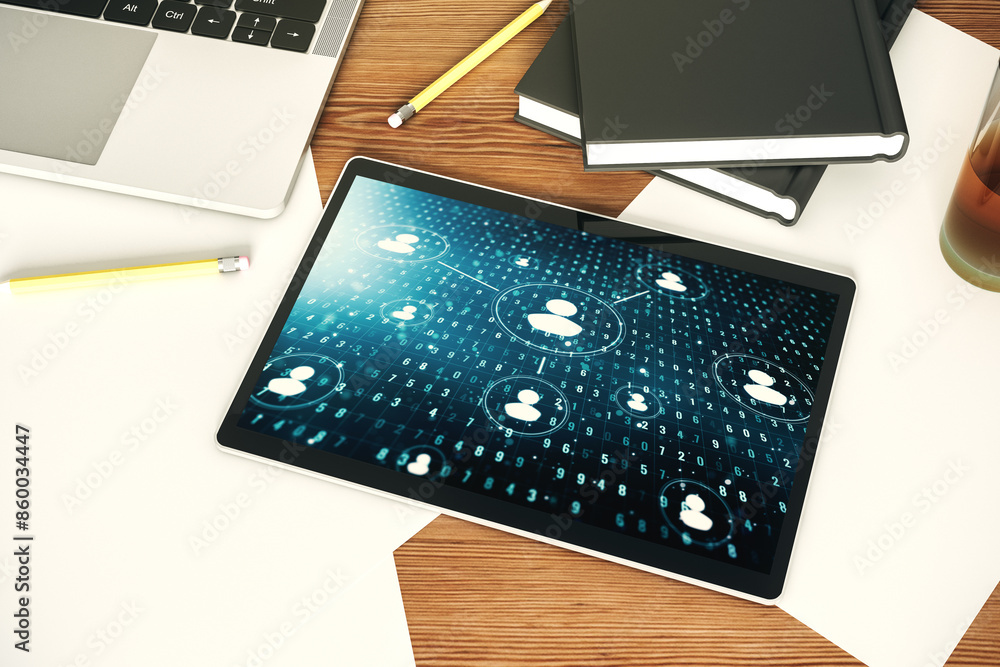 Aufkleber Modern digital tablet monitor with social network icons concept. Marketing and promotion concept. Top view. 3D Rendering