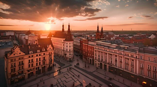 Centrum Łodzi przy zachodzącym słońcu