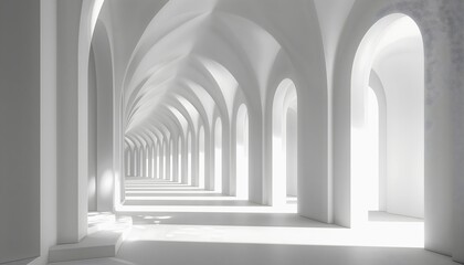 3d white arches backdrop, with long corridor in the center, perspective view, soft light, neutral...