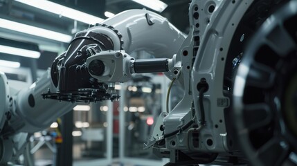 Industrial Robotic Arm Assembling a Car Part