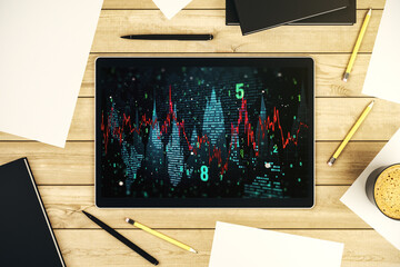 Modern digital tablet monitor with abstract creative financial chart, research and analytics concept. Top view. 3D Rendering