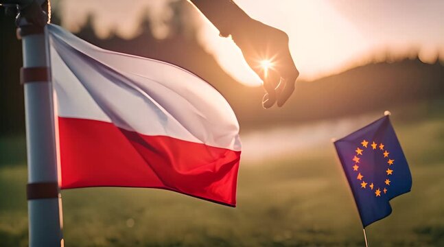 Flaga Polski i Unii trzymana w dłoni
