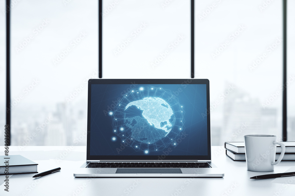 Poster computer monitor with digital america map, global technology concept. 3d rendering