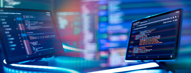 Running Computer data programming. Coding script text on screen. Notebook closeup photo.