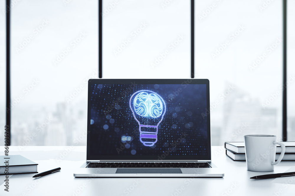 Poster Creative idea concept with light bulb and human brain illustration on modern laptop screen. Neural networks and machine learning concept. 3D Rendering