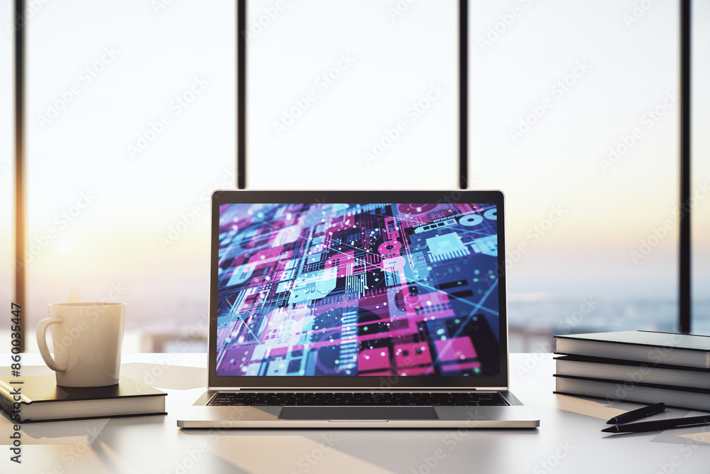 Poster abstract creative coding concept on modern laptop screen. 3d rendering