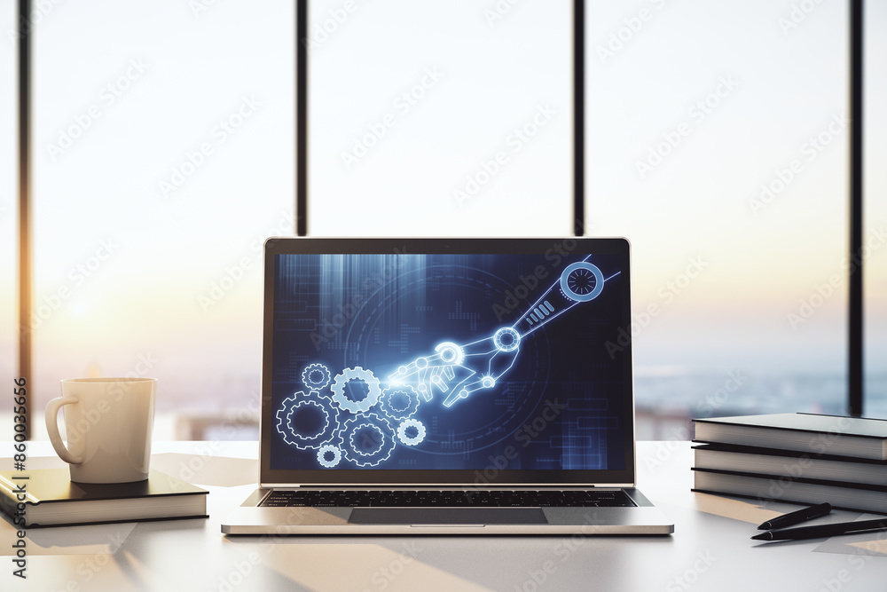 Aufkleber Modern computer monitor with robotics technology hologram. Research and development software concept. 3D Rendering