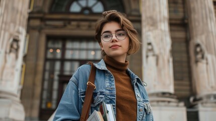 Obraz premium Stylish Student Outside with Books on Sunny Day