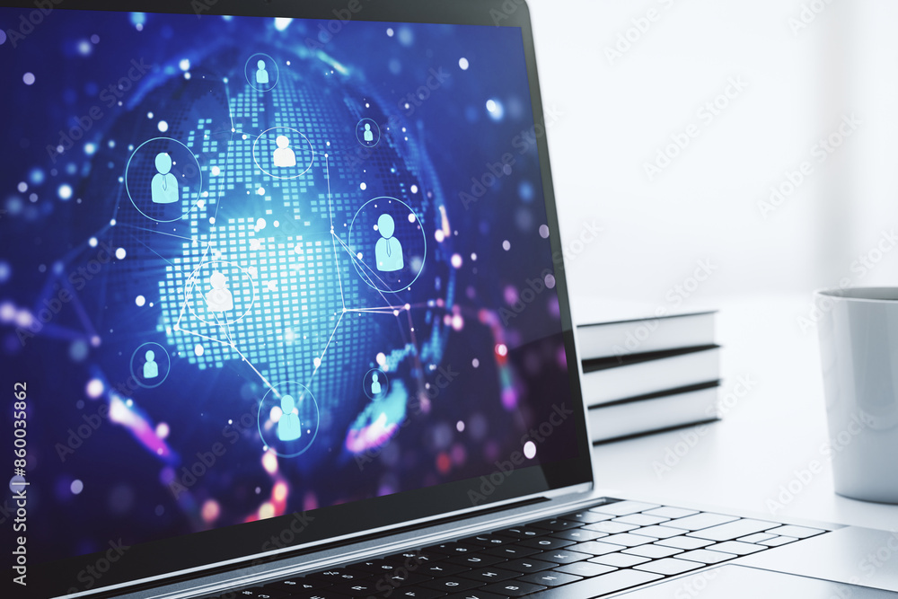 Aufkleber social network concept with world map on modern laptop screen. 3d rendering