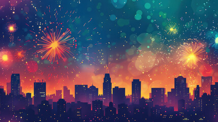 background featuring silhouettes of Indian skylines with minimalist firework bursts above, capturing the urban celebration of Diwali in a clean, modern style