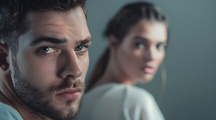 Obraz premium selective focus of trendy man looking at camera near stylish woman isolated on grey : Generative AI