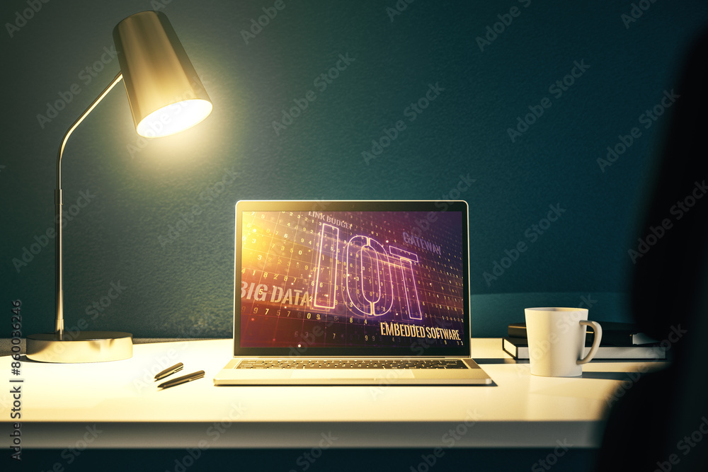 Poster creative iot hologram on modern laptop monitor, internet of things concept. 3d rendering