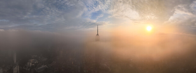 Aerial view Panorama of Kuala Lumpur City Centre with Low Clouds at Sunrise