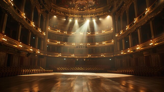 Wide shot of an Empty Elegant Classic Theatre with Spotlight Shot from the Stage