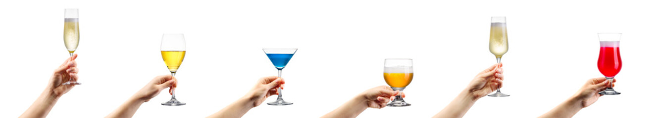 Set of hands holding different cocktails, champagne and beer isolated on black