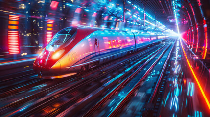 A sleek high-speed train travels through a vibrant, illuminated futuristic tunnel, showcasing advanced technology and modern transportation.