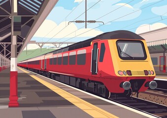 Obraz premium Modern Train at Station Platform - Illustrated Commuter Transport