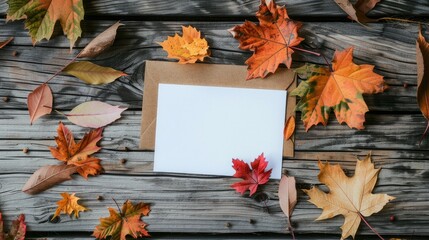 Flat lay autumn bouquet with blank card on wooden surface